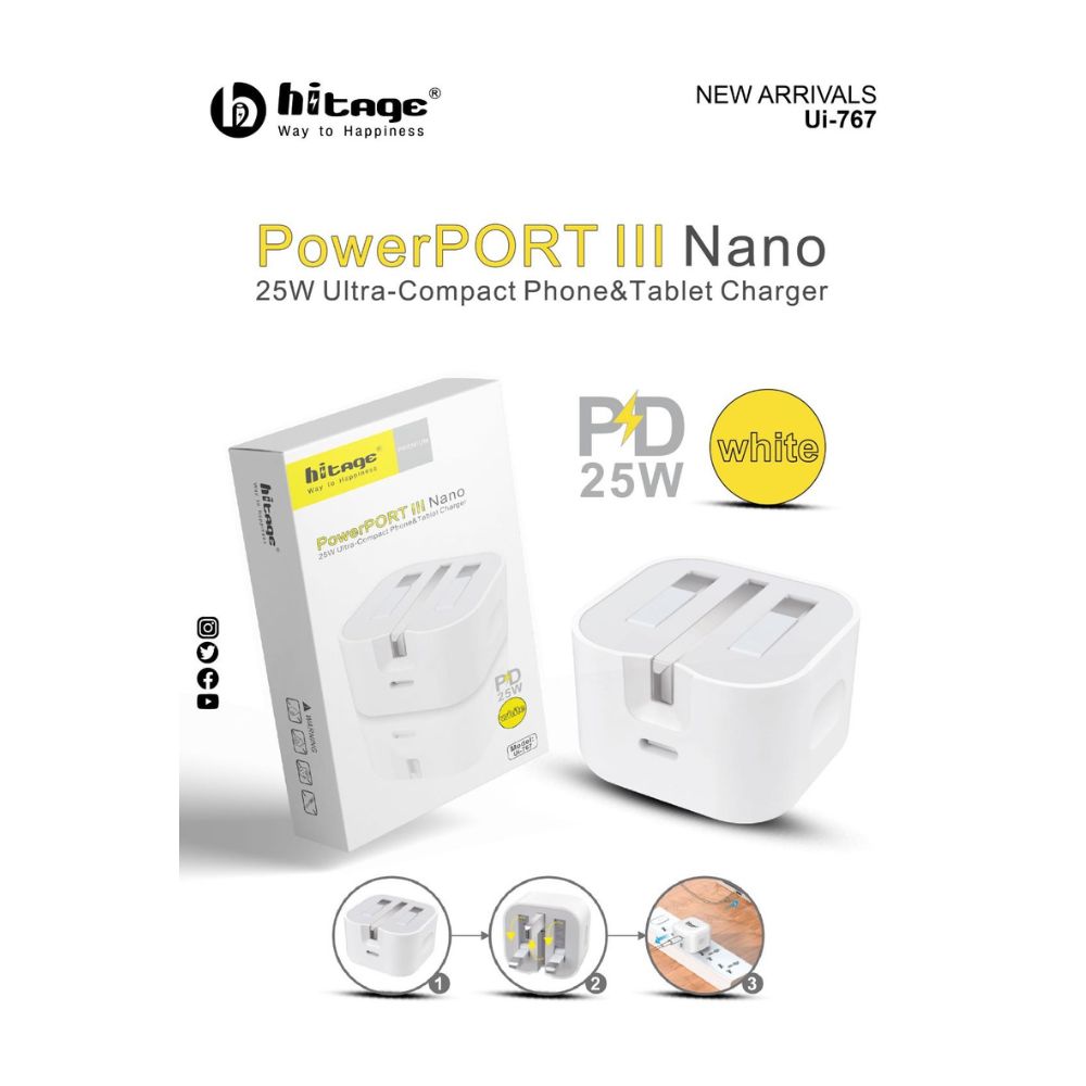 Hitage New Arrival Ui-767(Power Port 3 Nano) 25W Ultra-Compact Phone & tablet Charger - Ghost-Gadgets